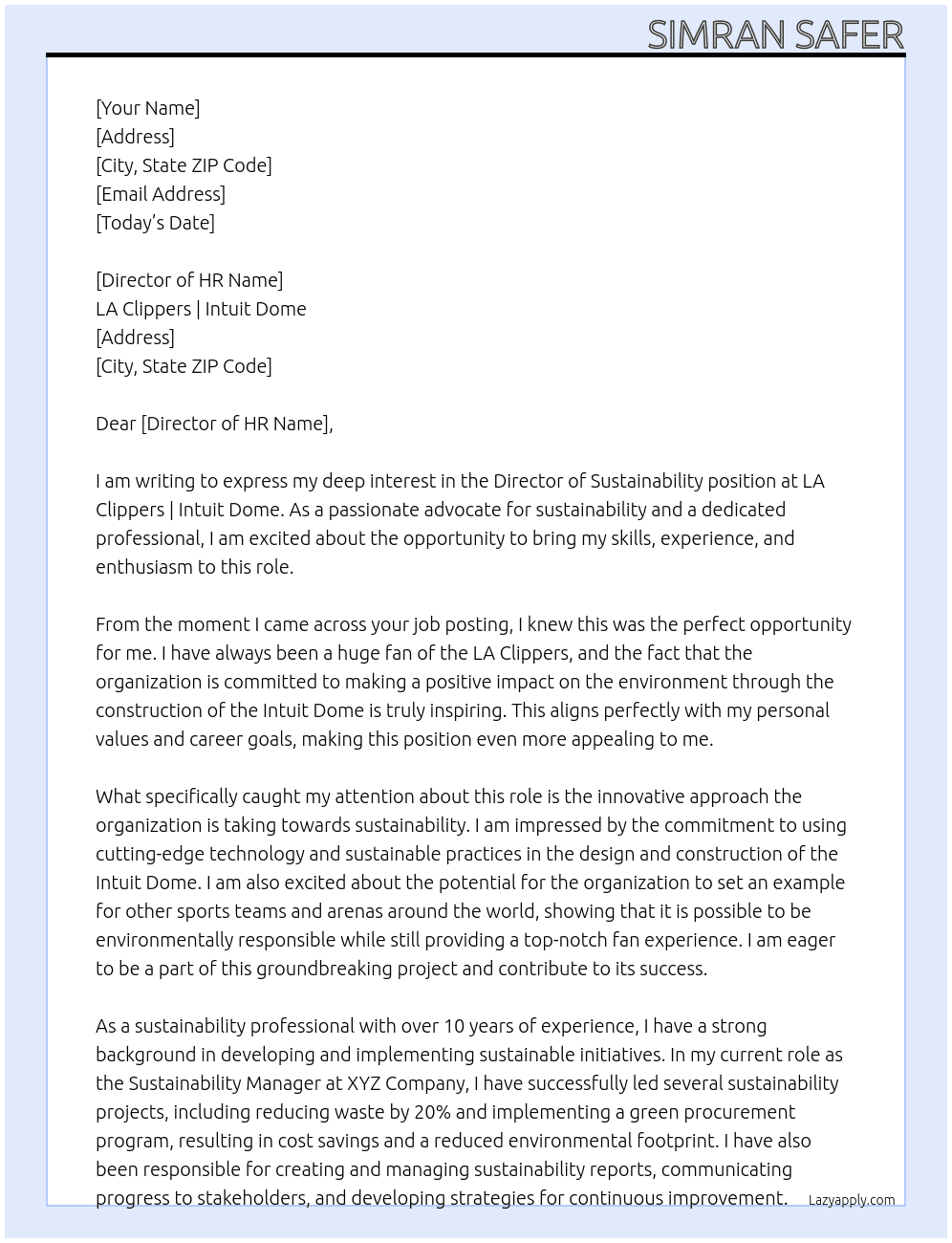 Director of Sustainability  At LA Clippers | Intuit Dome. Cover Letter