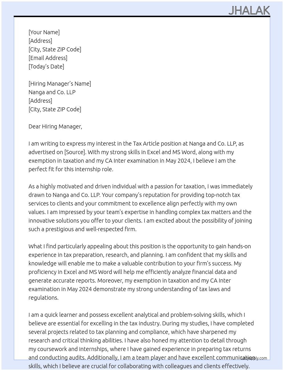 Tax Article At Nanga and Co. LLP Cover Letter