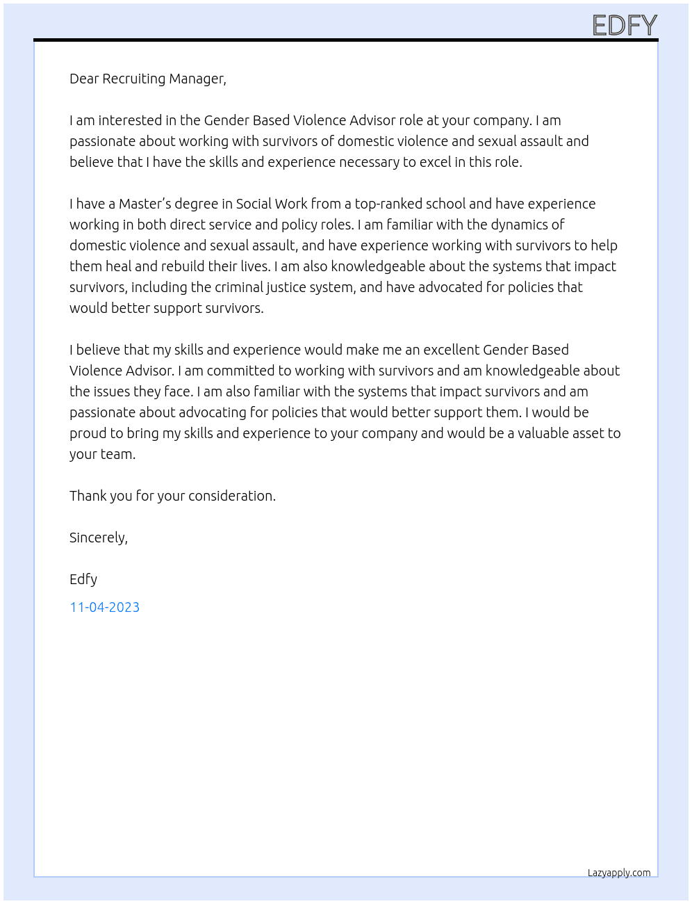 Gender Based Violence Advisor At Nonprofit  Cover Letter