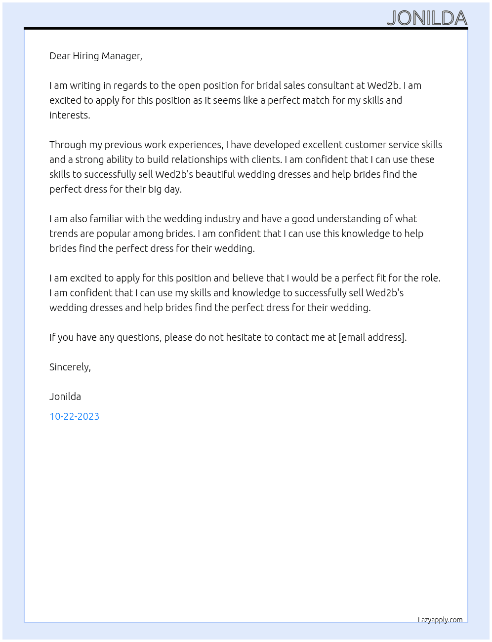 Bridal sales consultant At Wed2b Cover Letter