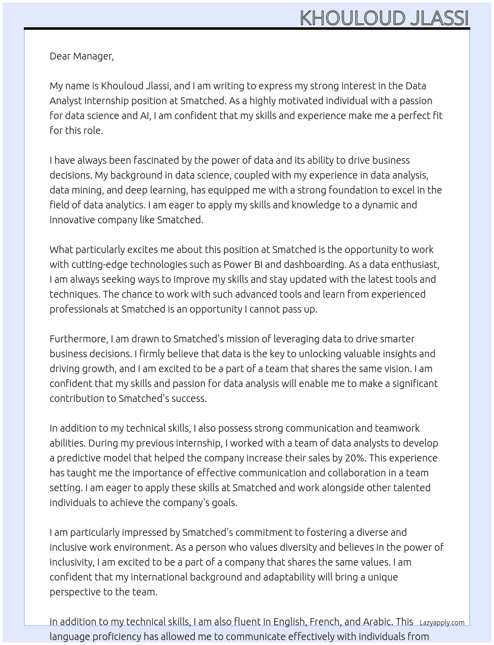 Data Analyst Internship At Smatched  Cover Letter