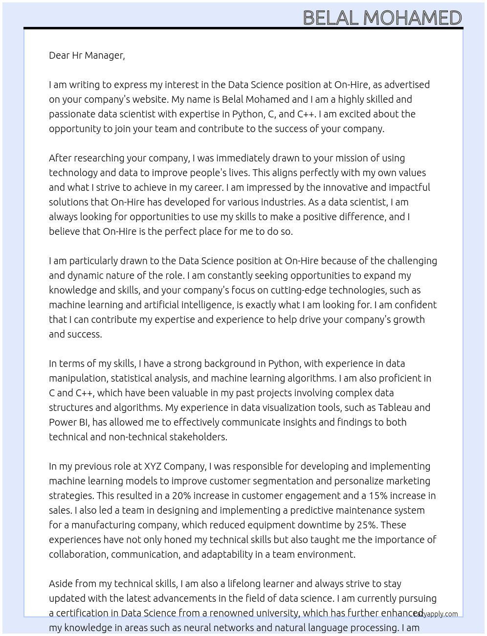 Data science At On-Hire Cover Letter