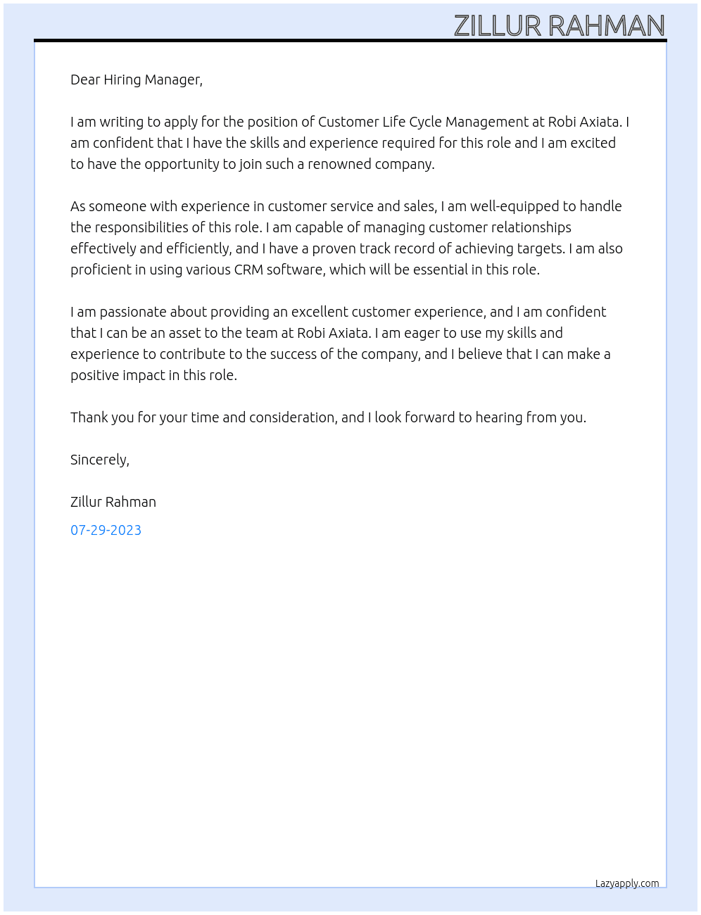 Customer life cycle management  At Robi axiata Cover Letter