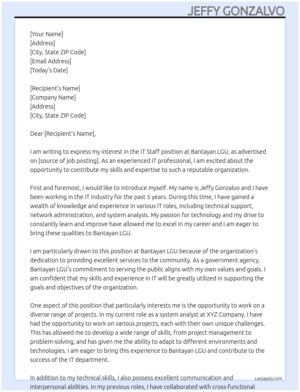 IT Staff At Bantayan LGU  Cover Letter