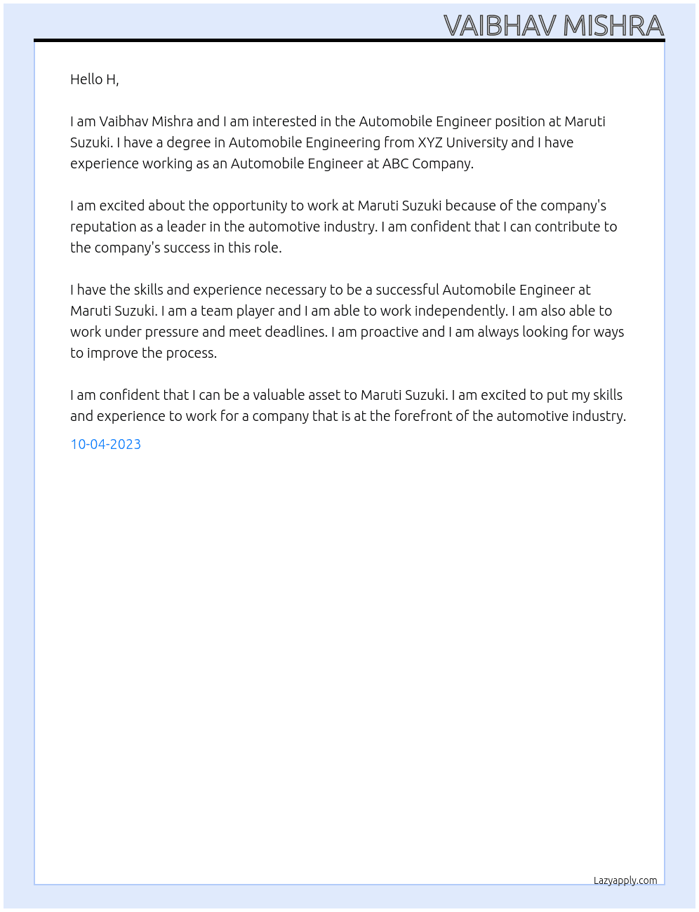 Automobile Engineer At Maruti Suzuki Cover Letter