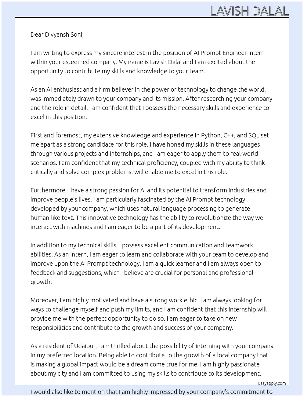 AI prompt engineer intern  At Divyansh Soni Cover Letter