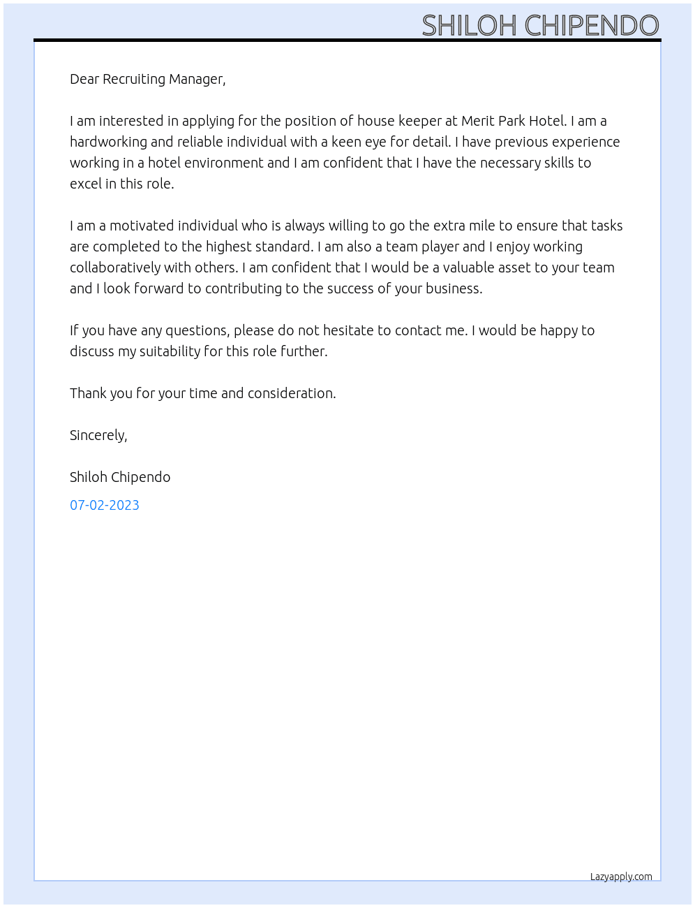 house keeper At Merit Park Hotel Cover Letter