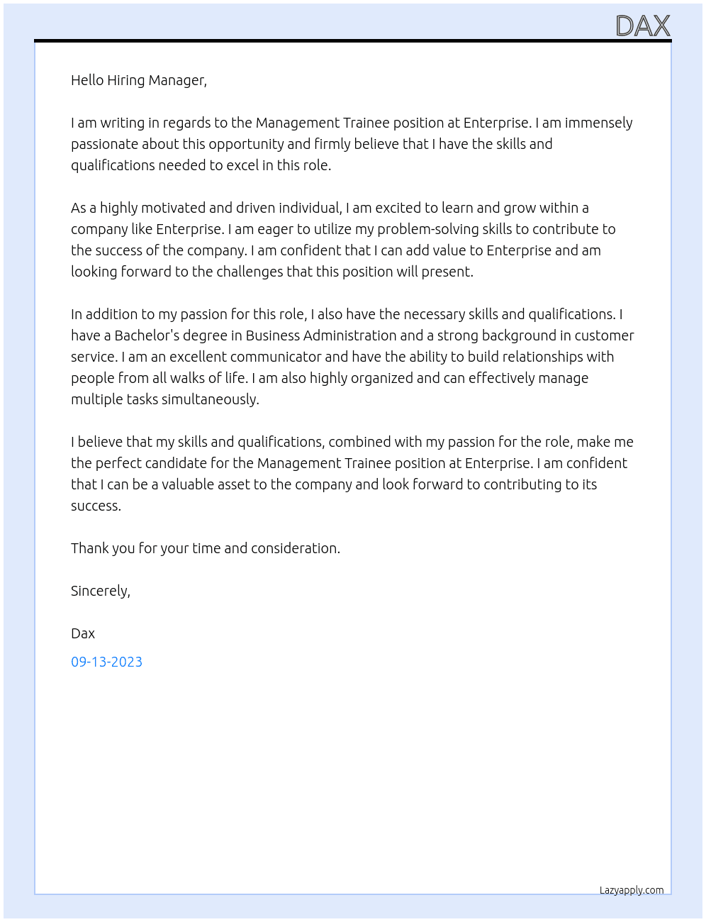 Management Traniee  At Enterprise Cover Letter