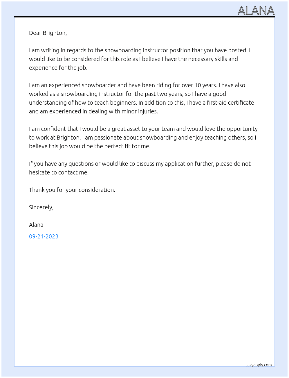 Snowboarding Instructor At Brighton Cover Letter