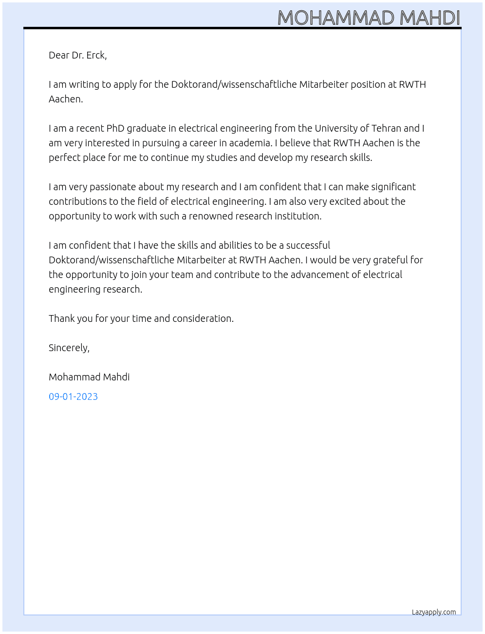 Doktorand/wissenschaftliche Mitarbeiter At RWTH Aachen Cover Letter