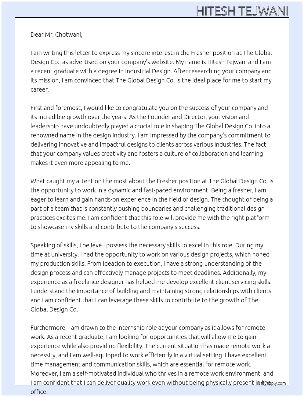 Fresher At The Global Design Co. Cover Letter