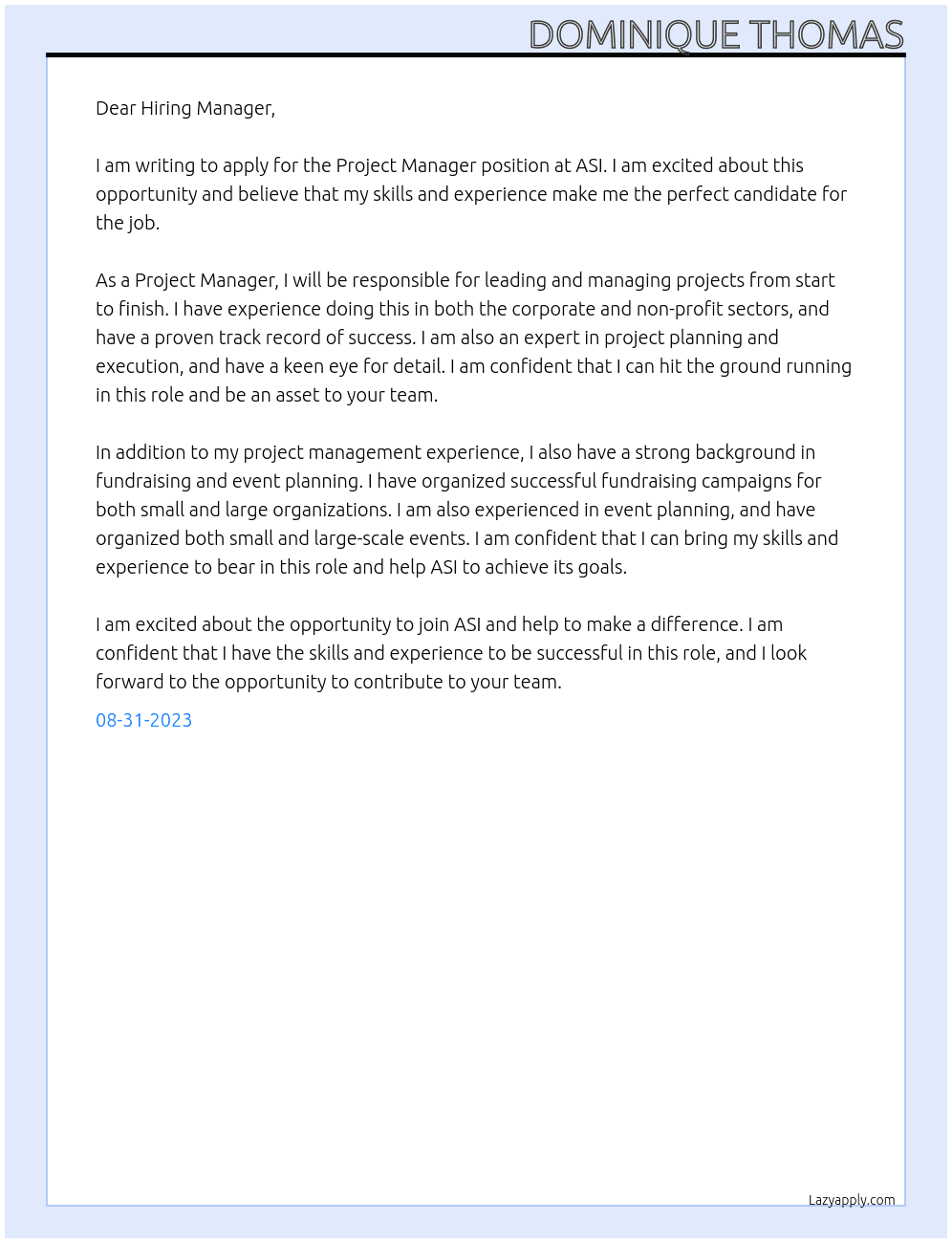 Project Manager At ASI Cover Letter