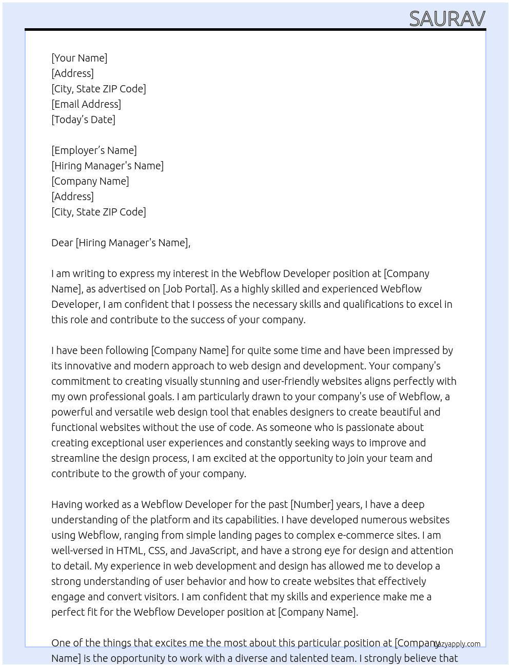 webflow developer At client Cover Letter