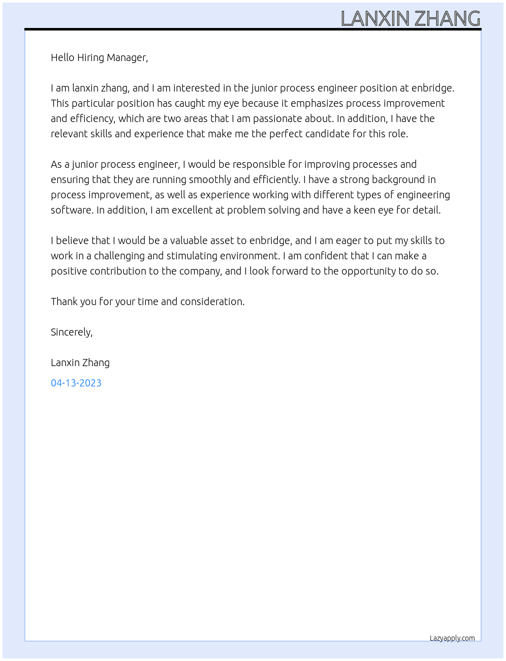 Junior process engineer  At enbridge Cover Letter
