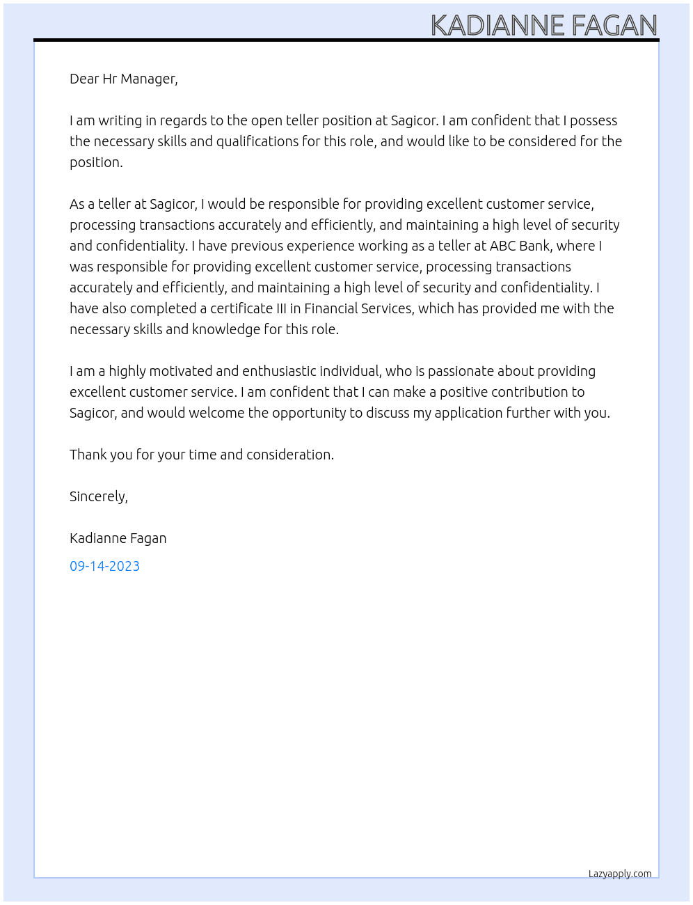 Teller At Sagicor Cover Letter