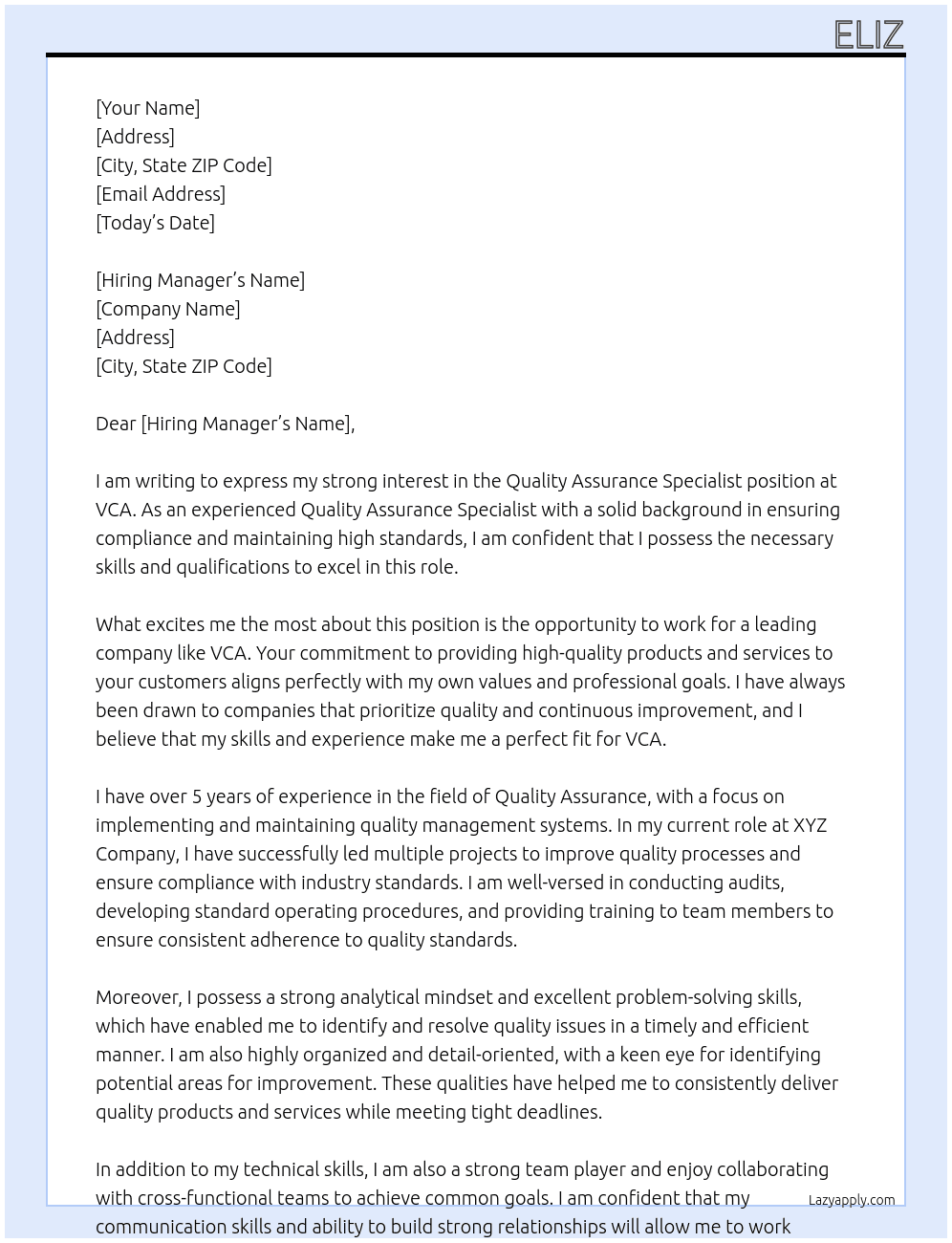 Quality Assurance Specialist At VCA Cover Letter