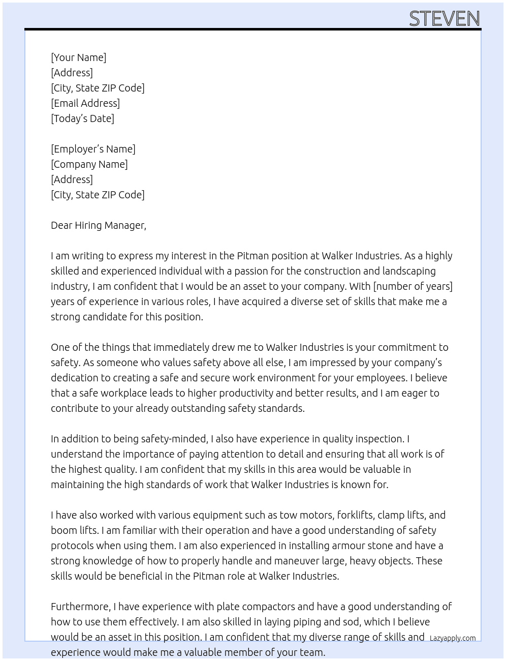 Pitman At Walker industries  Cover Letter