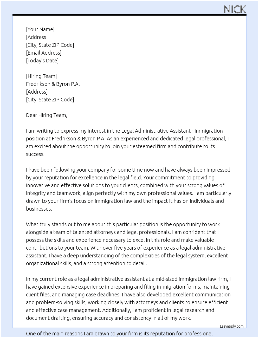Legal Administrative Assistant - Immigration At Fredrikson & Byron P.A. Cover Letter