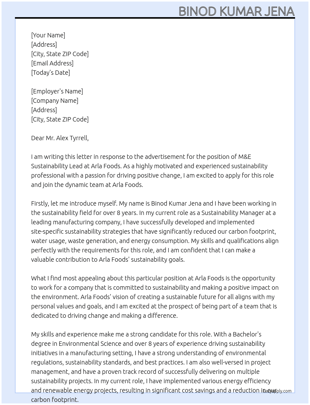 M&E Sustainability Lead At Arla foods Cover Letter