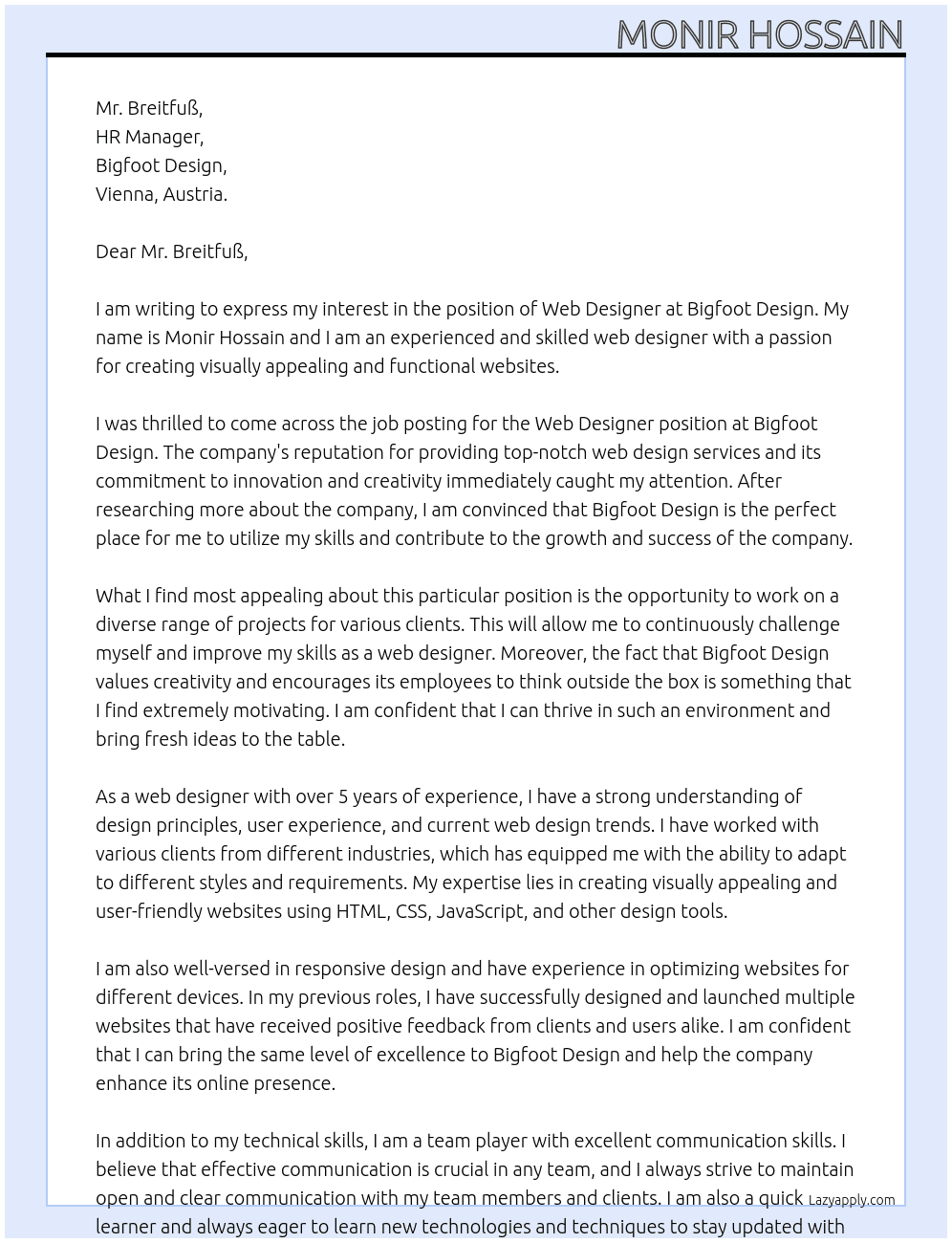 Web Designer  At bigfoot-design.at Cover Letter