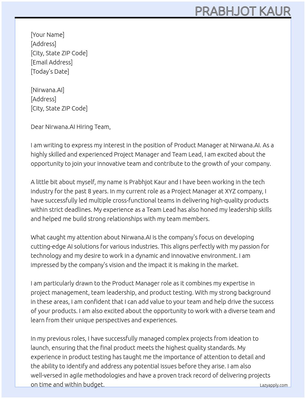 Product Manager At Nirwana.AI Cover Letter