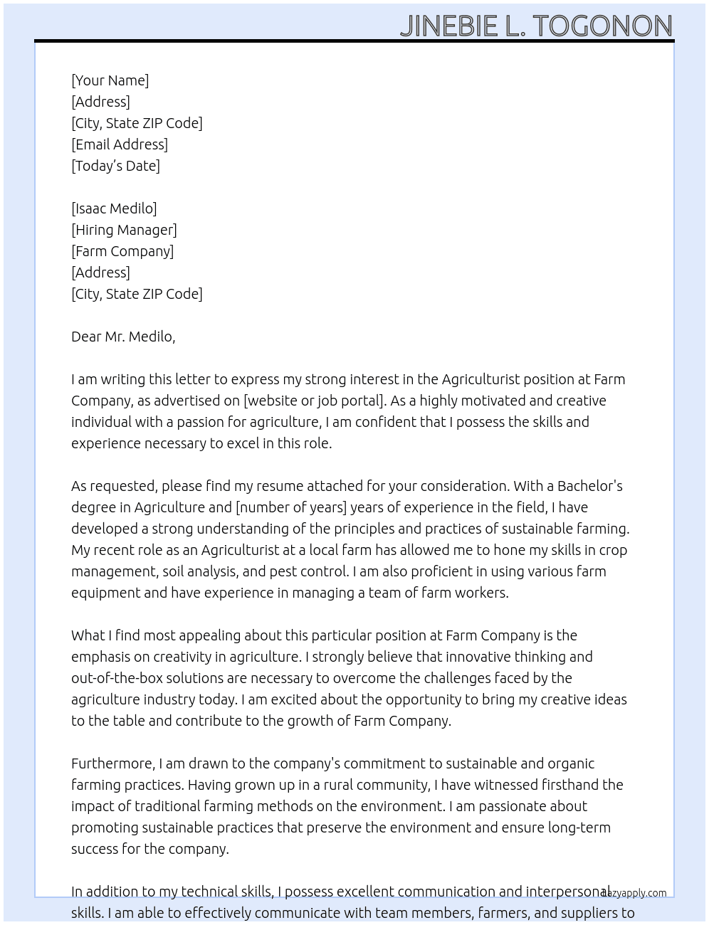 agriculturist  At Farm Company  Cover Letter