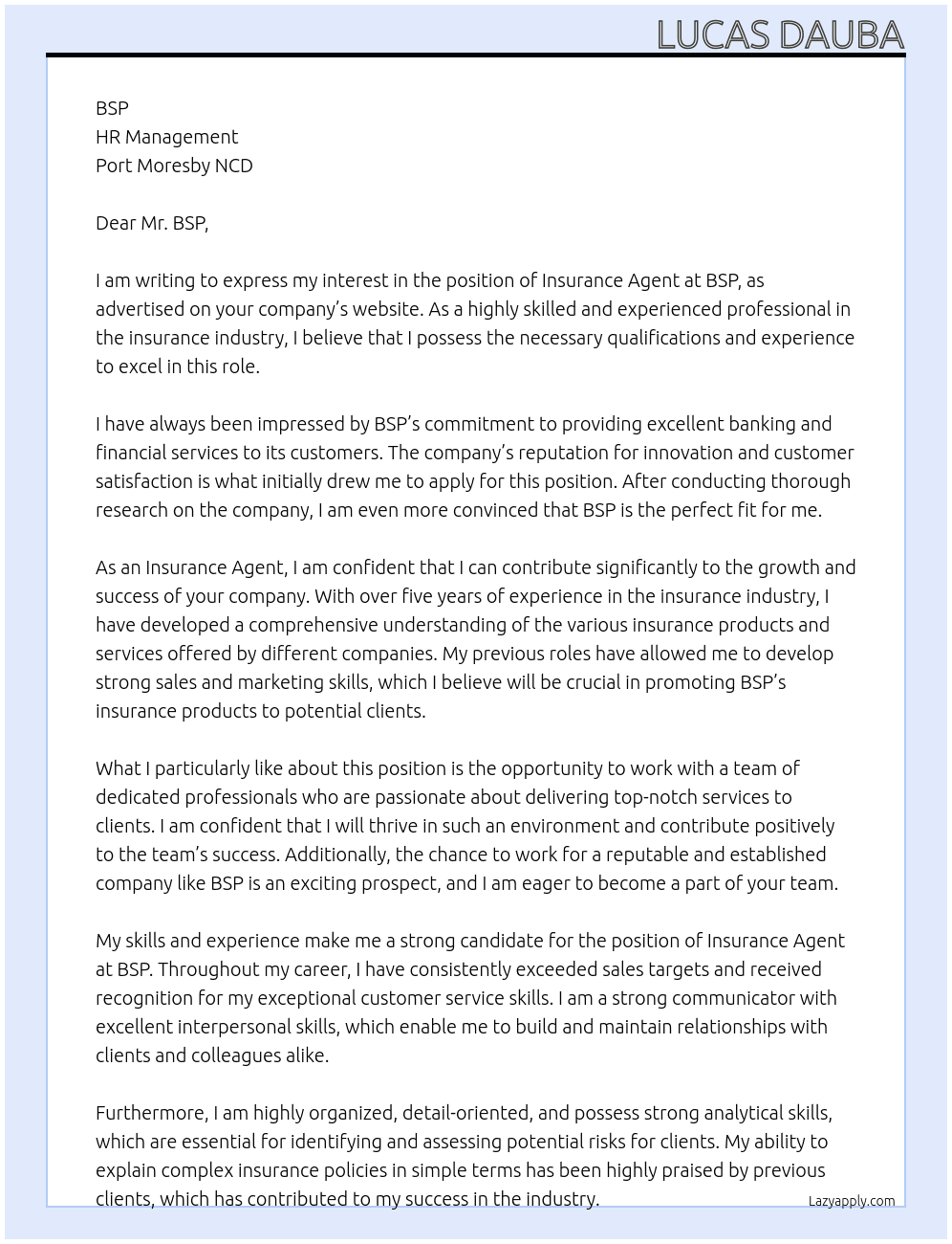 INSURANCE AGENT  At BSP  Cover Letter