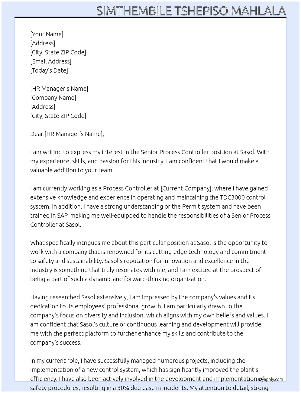 Senior Process Controller At Sasol Cover Letter