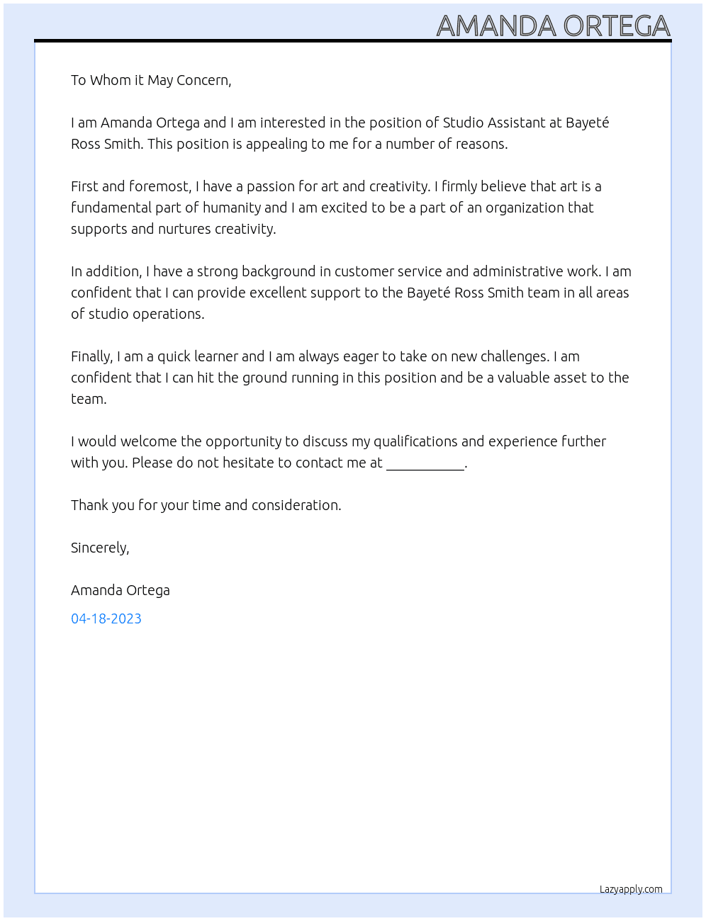 Studio Assistant At Bayeté Ross Smith Cover Letter