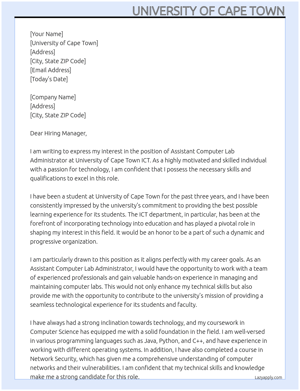 Assistant computer lab administaror  At univorsity of cape town Cover Letter