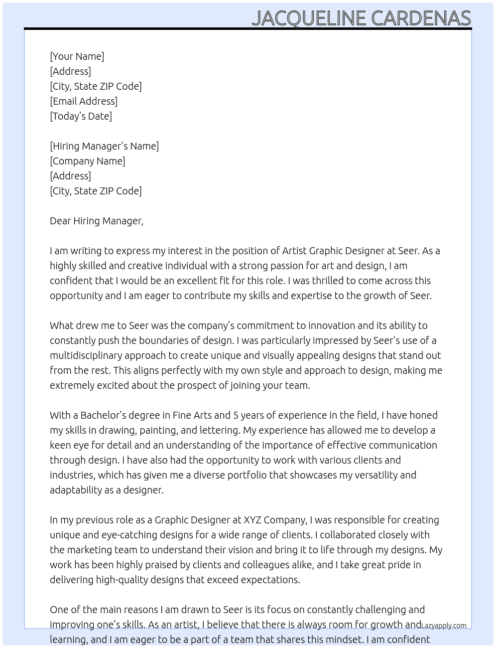 Artist graphic designer At Seer Cover Letter