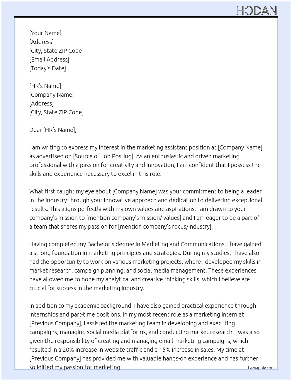marketing assistant At hodan yusuf dahir Cover Letter