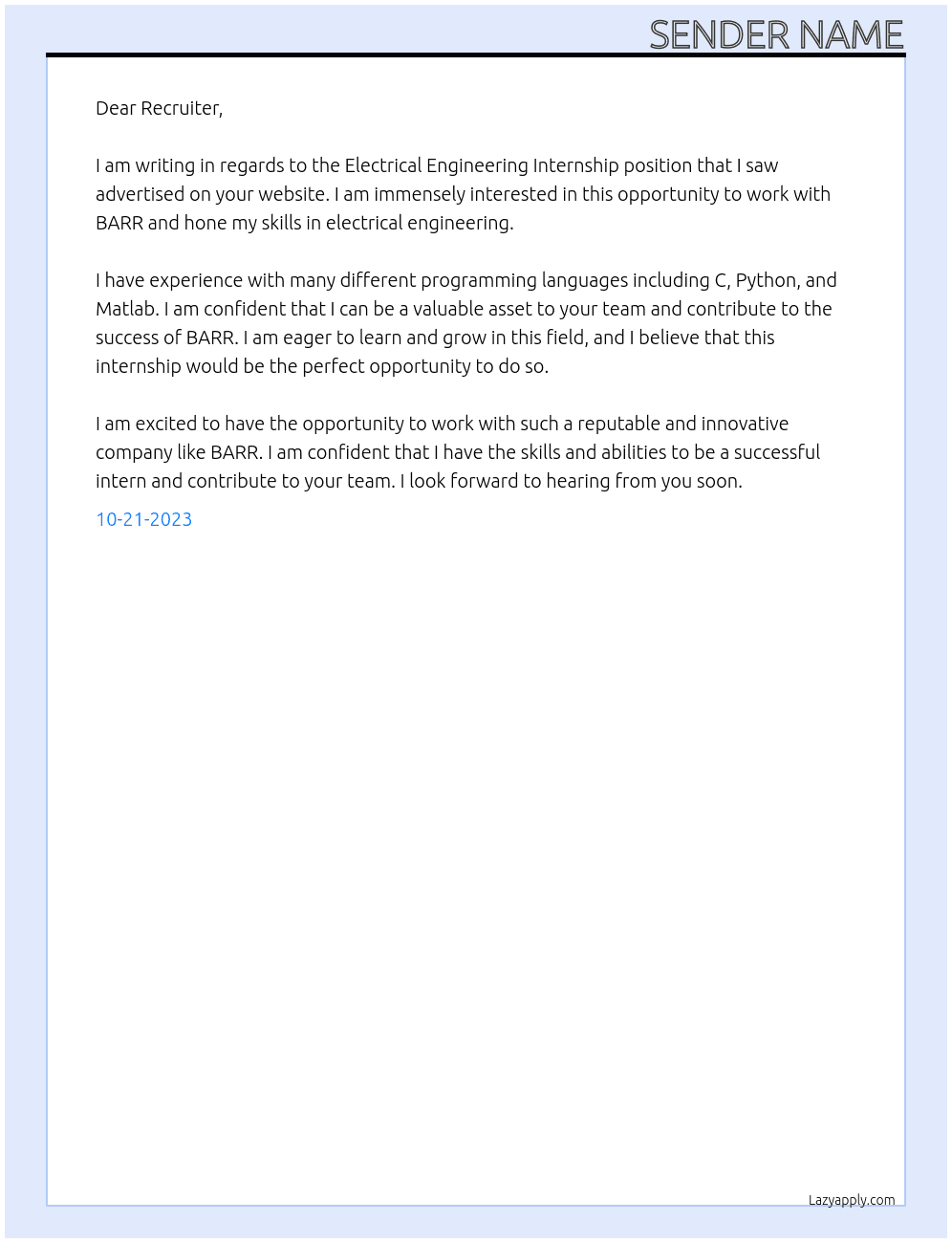 Electrical Engineering Internship At BARR Cover Letter
