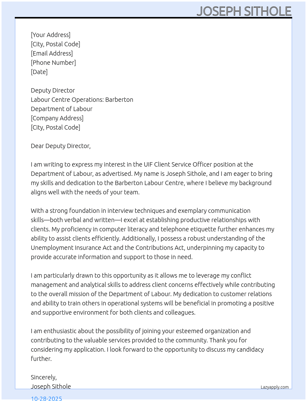Cover letter for uif client service officer - LazyApply
