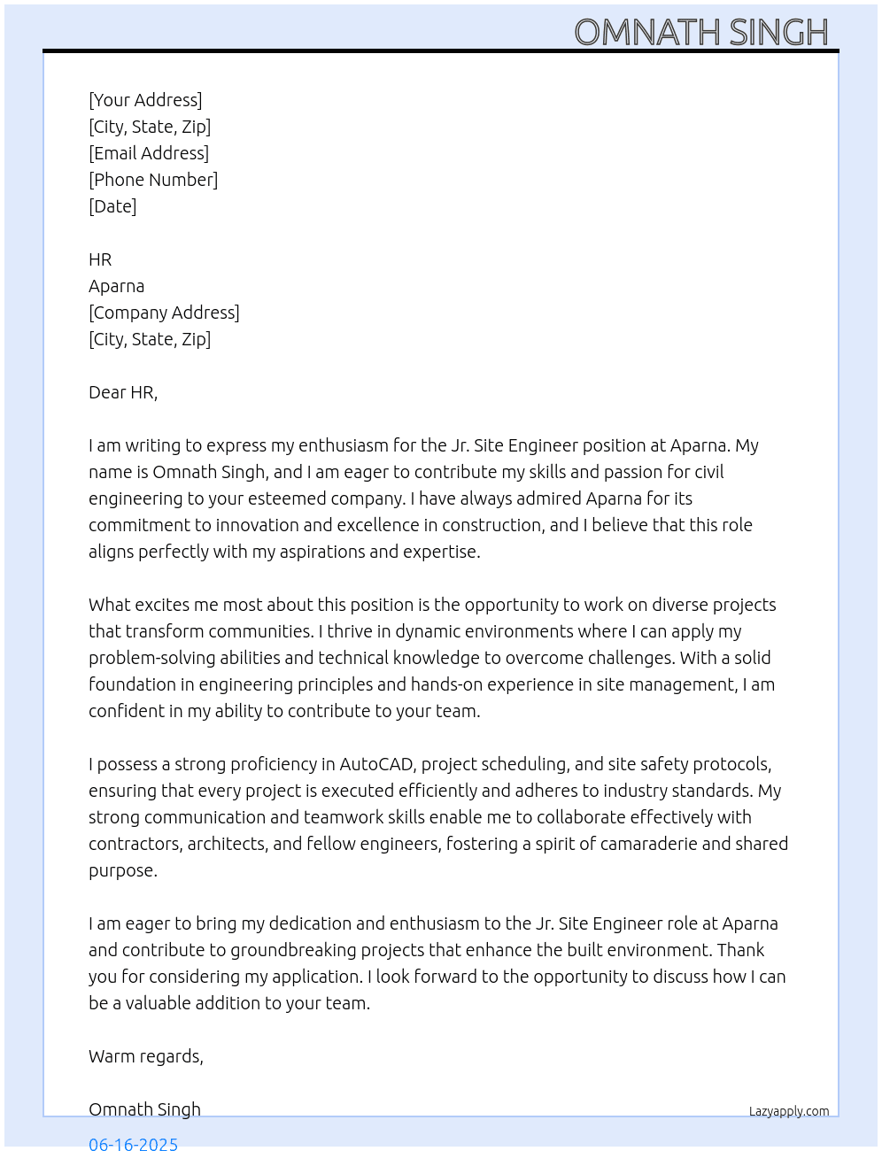 Jr site engineer (civil) At Aparna Cover Letter