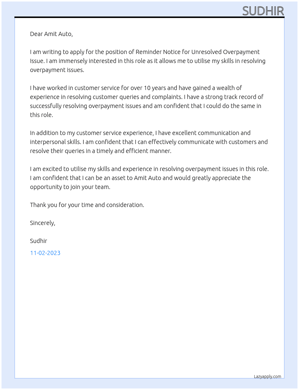 Reminder Notice for Unresolved Overpayment Issue At amit auto Cover Letter