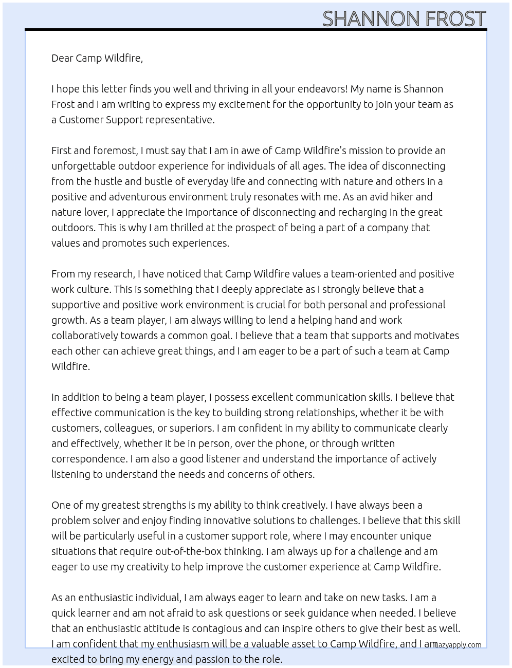 Customer Support At Camp Wildfire Cover Letter
