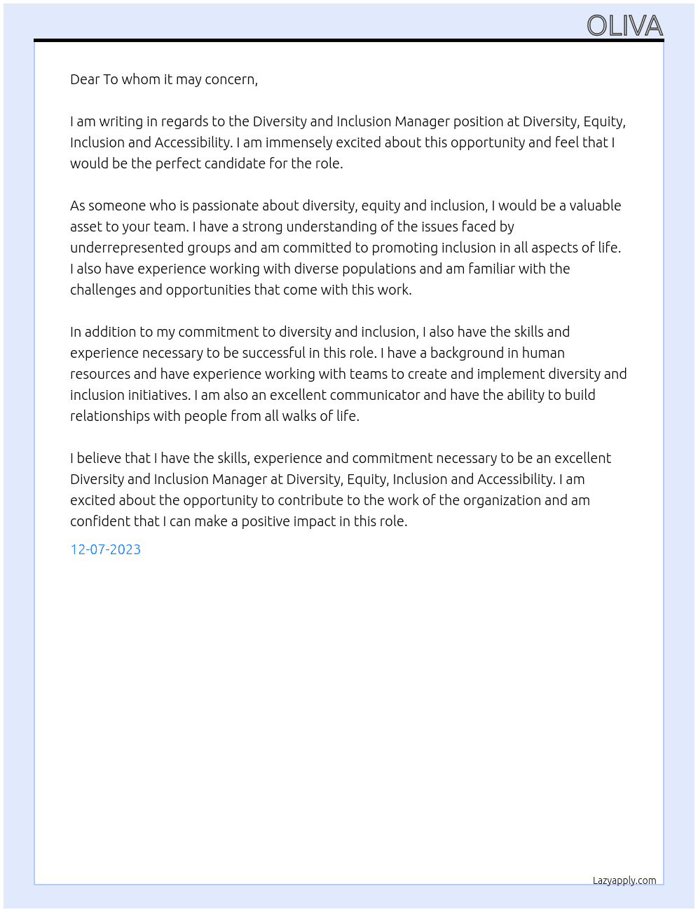 Diversity and Inclusion Manager At Diversity, Equity, Inclusion and Accessibility Cover Letter