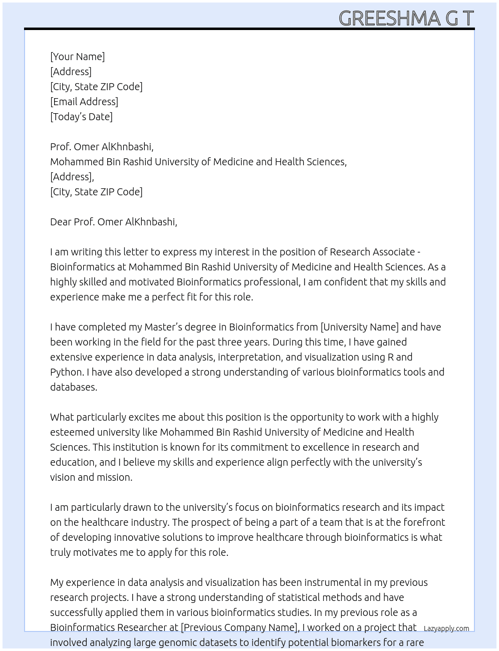 Research Associate - Bioinformatics At Mohammed Bin Rashid University of Medicine and Health Sciences Cover Letter