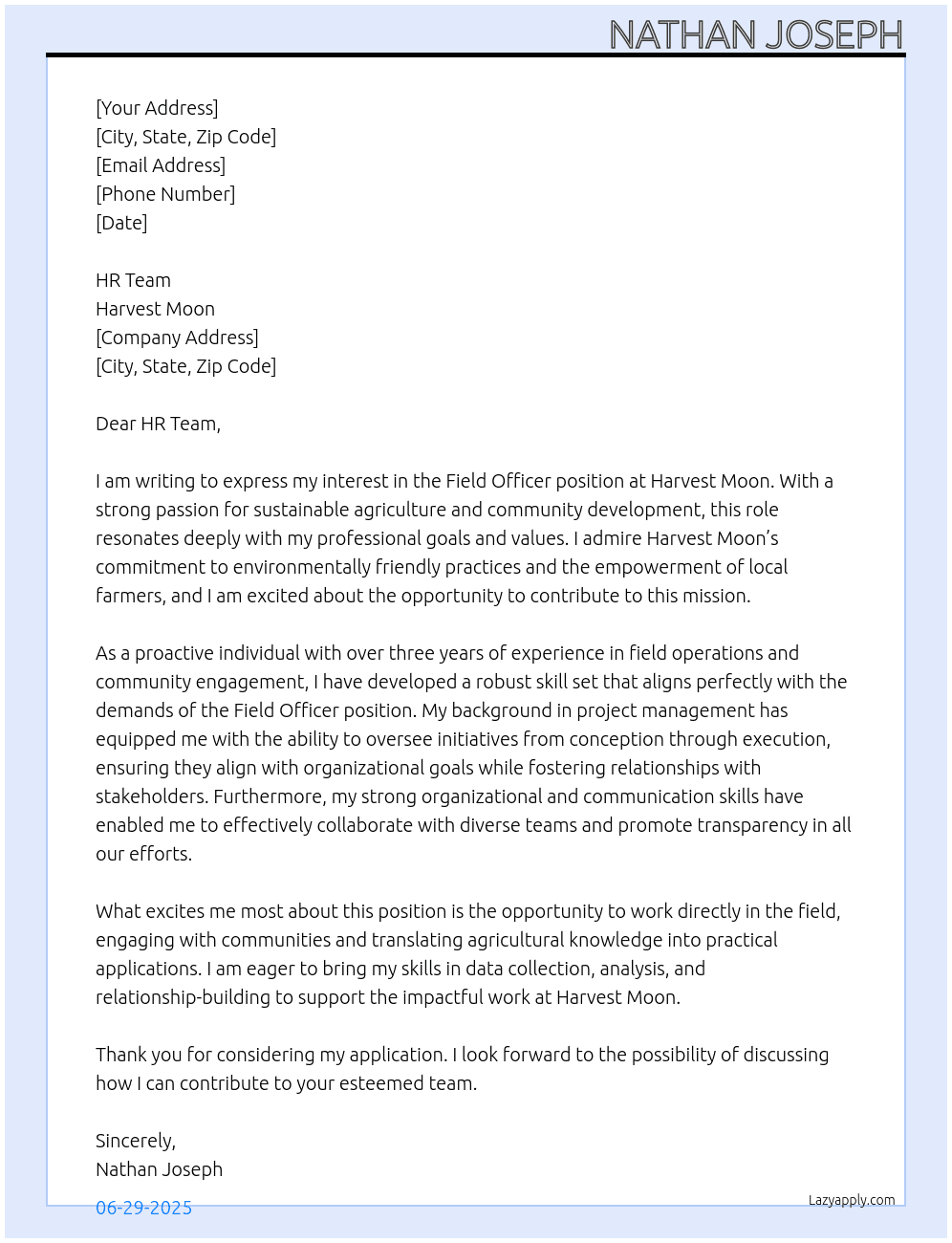 Field Officer At Harvest Moon Cover Letter