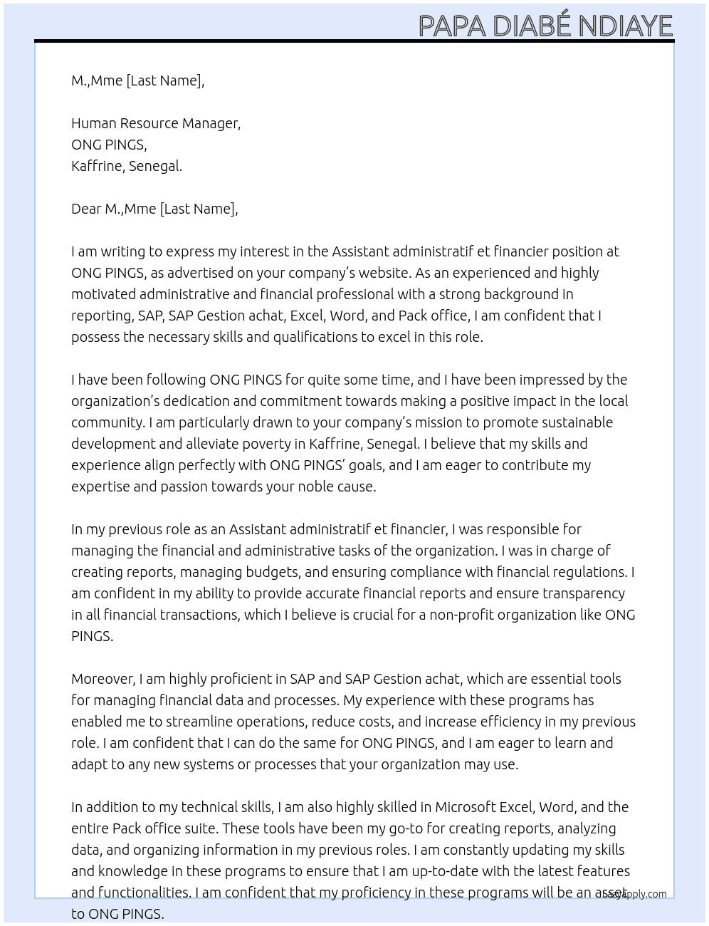 Cover letter for assistant administratif et financier - LazyApply