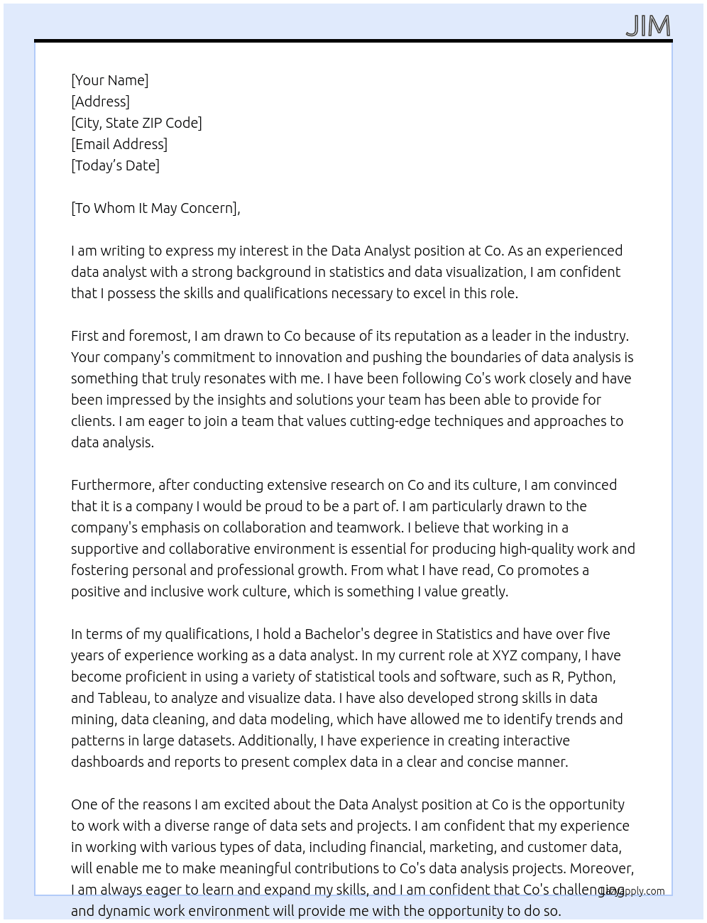 Data Analyst At Co Cover Letter