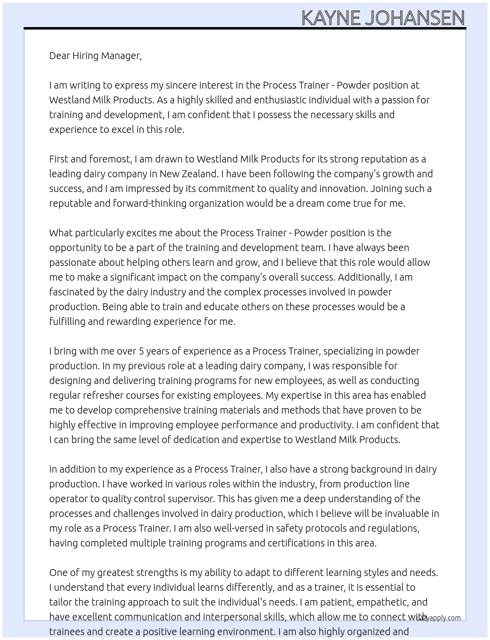 Process Trainer - Powder At Westland Milk Products Cover Letter