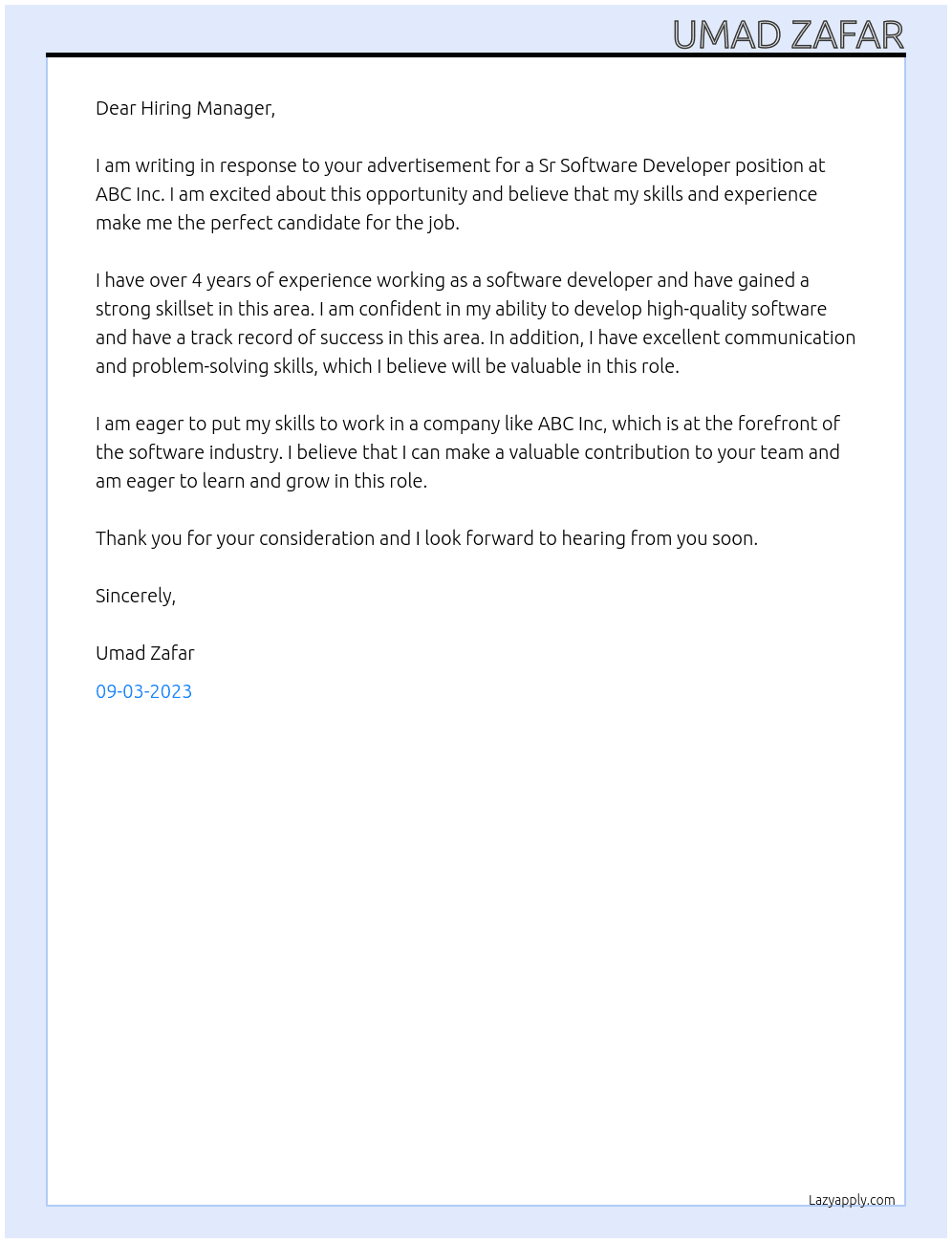 Sr Software Developer At ABC Inc Cover Letter