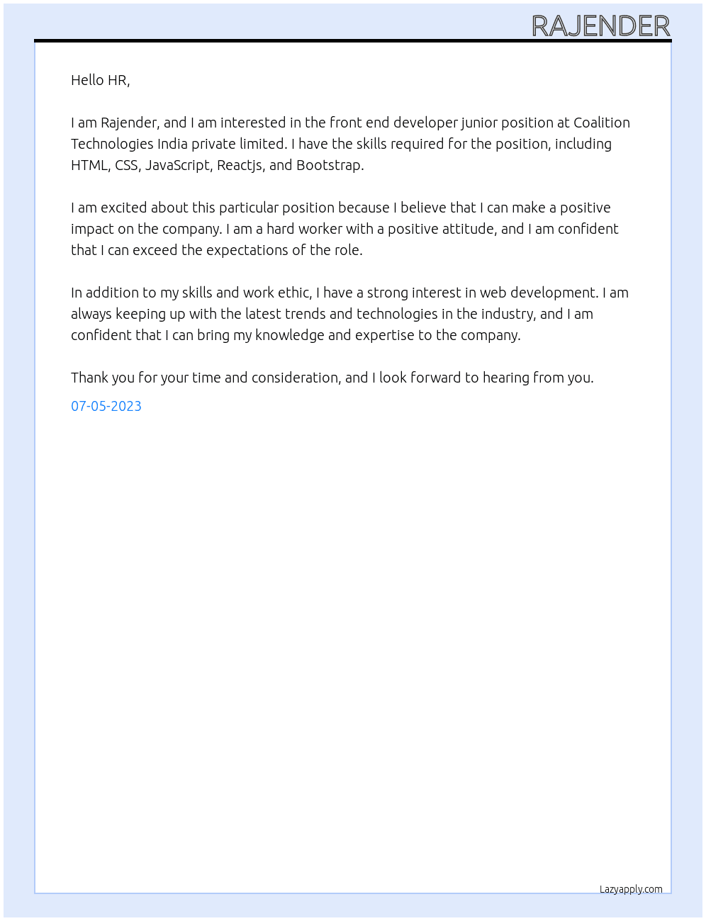 Front end developer junior At Coalition Technologies India private limited Cover Letter