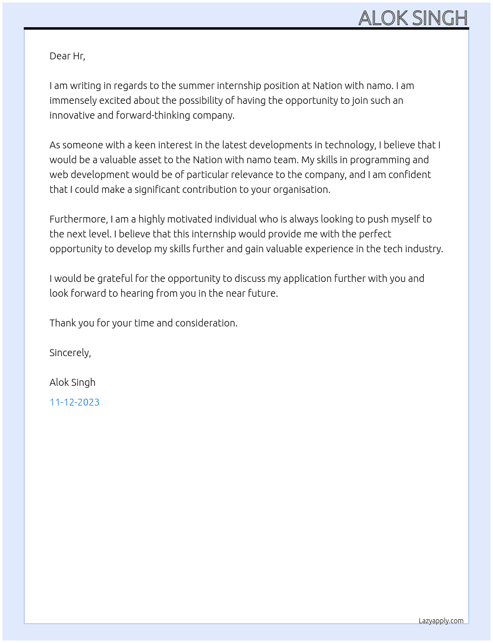 summer internship At Nation with namo Cover Letter