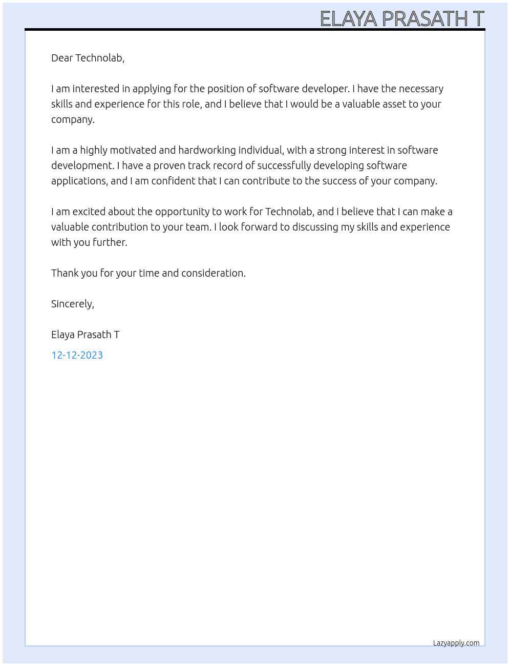 software developer At Technolab Cover Letter