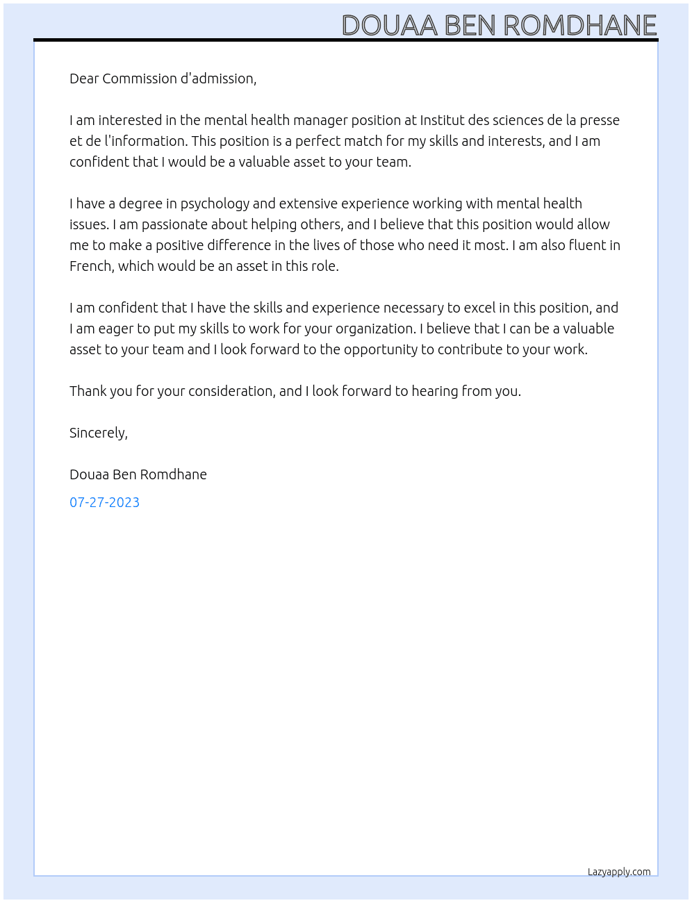Mental Health Manager  At Institut des sciences de la presse et de l'information Cover Letter