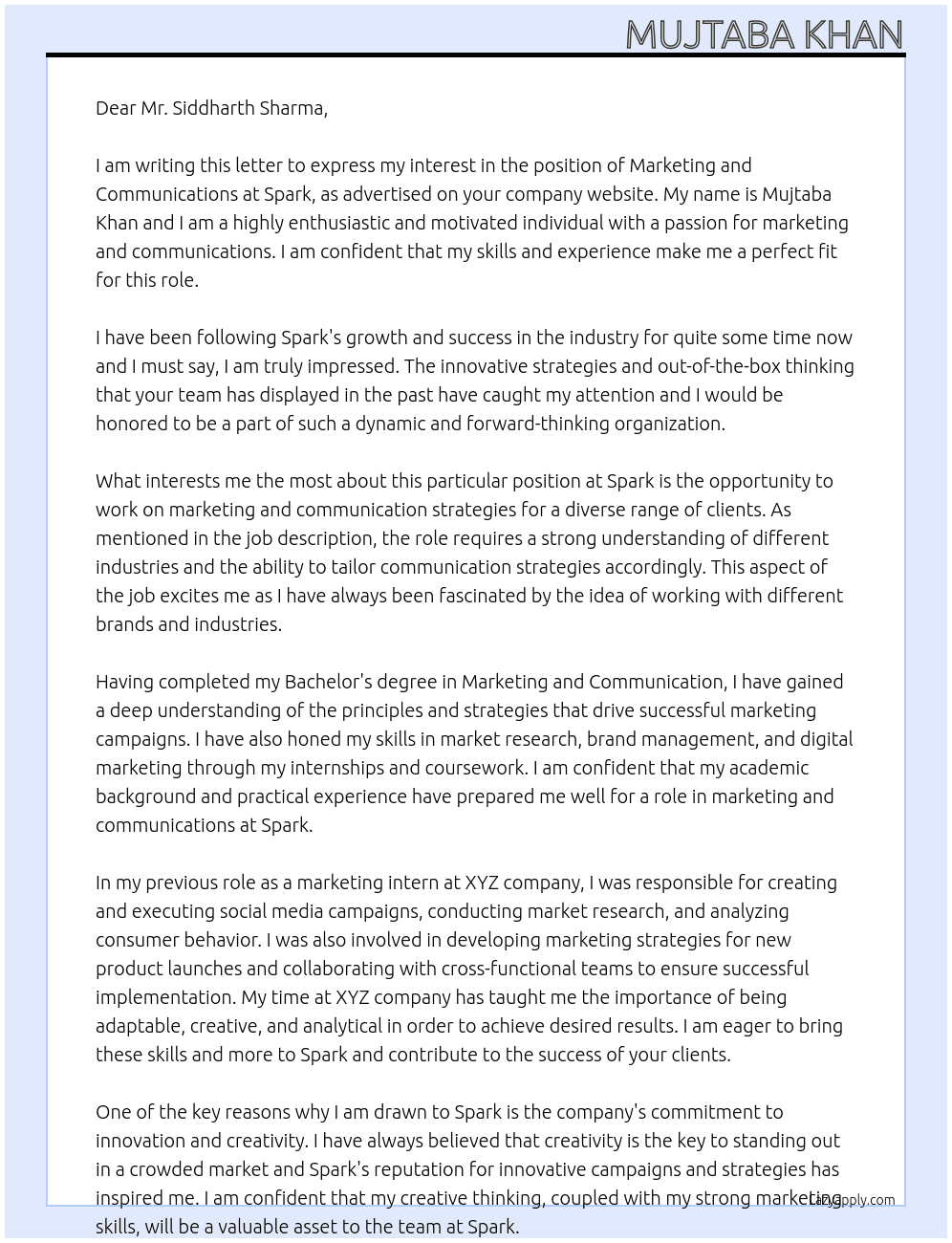 Marketing and Communications At Spark Cover Letter