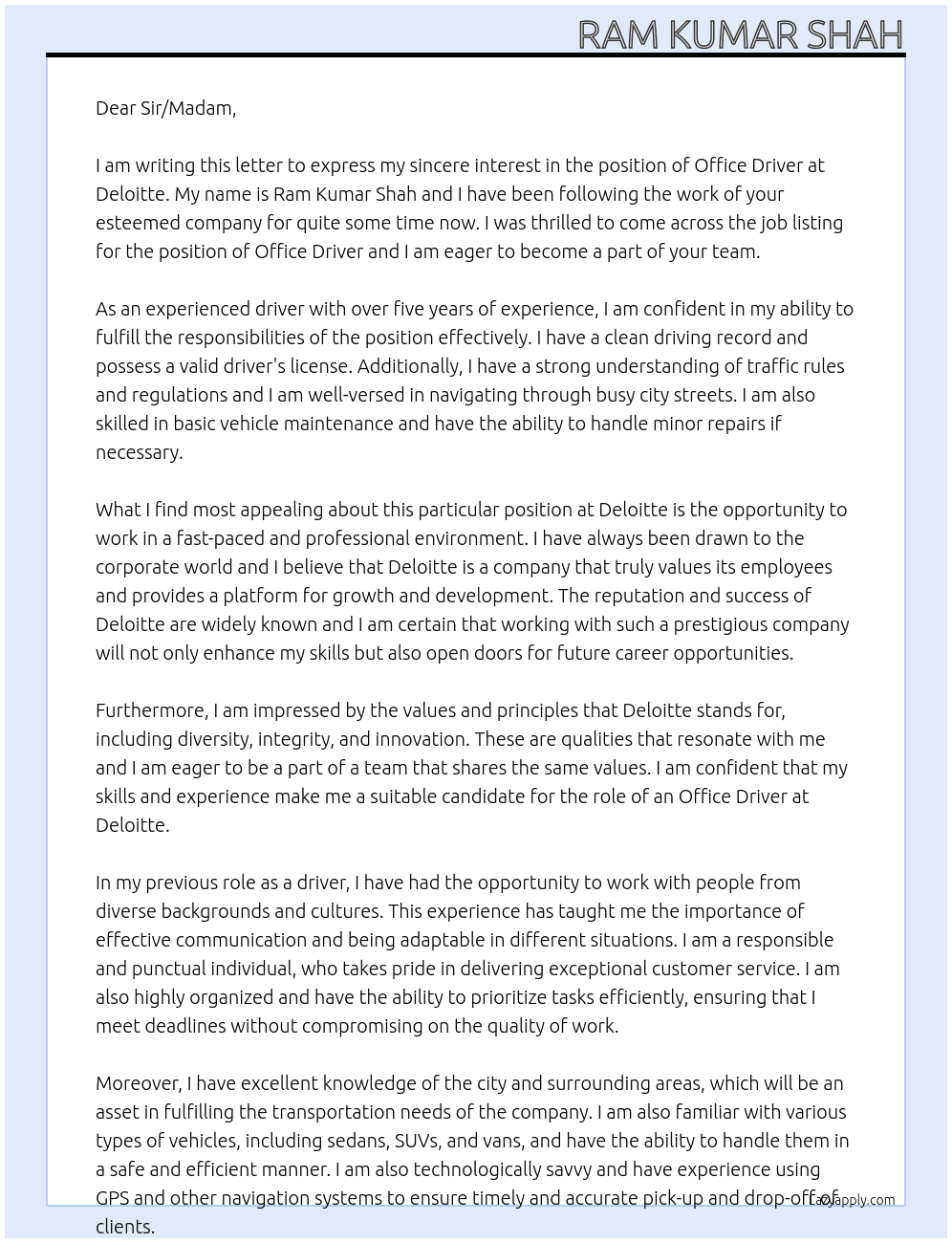 office driver At deloitte Cover Letter